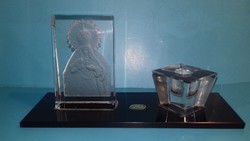 HOLLÓHÁZI - Antique old glass Bohemia crystal candle holder with saint picture label
