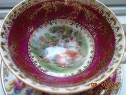 Altwien kézzel festett Meisseni virágmintás,mitologikus jelenetes talpas kávés csésze alátéttel