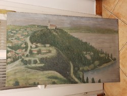 Tihany  falu, háttérben Balatonfüreddel, festmény, kb.50x100, kis sérülésekkel