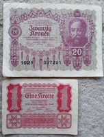 Osztrák 20 és 1 Korona bankjegyek 1922