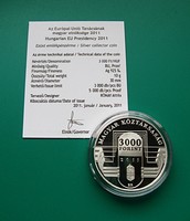 2011 - 3000 Forint PP - Ag925 - EU Tanácsának Magyar Elnöksége - Certi-vel