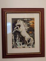 Climbing unicorn horse handmade tapestry in a modern frame 27 x 32 cm