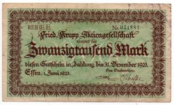 Németország Essen, Krupp Rt. szükségpénz 20 000 német Márka, 1923