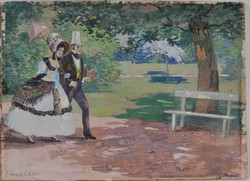 Faragó Gézának tulajdonítva (1877-1928): Fiatal pár a parkban, akvarell