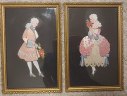 Csodaszép Rokokó öltözetben ábrázolt pár, báró és barones hímzett selyem kép.  26 x 38 cm