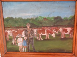 Paraszti  család - idilli festmény - életkép olaj /karton