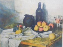 Surányi nándor: still life with glass, colored etching. High quality, flawless piece.