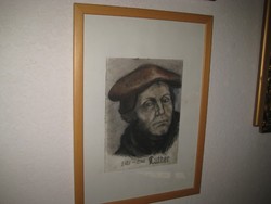 LUTHER  portré ,színes grafika , szép natúr bükkfa rámában