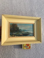 Jelzett remek kis festmény - szép keretben - Bagoly szignóval - vízpart csónak táj 