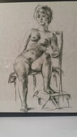 Ismeretlen: Széken ülő női akt, grafika 55 x 45 cm, üveg mögött