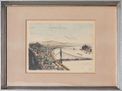 Élesdy István: A régi Budapest (A régi Erzsébet híd háttérben a Várral és a Parlamenttel)