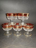 Set of 5 gold-plated cognac glasses with burgundy edges. - Ep