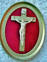 9. Antik, CSONT Jézus Krisztus (7.5cm), kereszt, Korpusz, feszület, 16cm keretben!