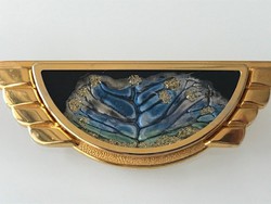 Retro Uhlig bross, kézzel festett betét aranyozott keretben, 7 x 3 cm