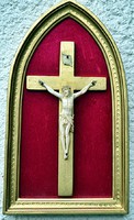 13. Antik, CSONT Jézus Krisztus (8.7cm), kereszt, Korpusz, feszület, 25.5cm keretben!
