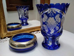 Ólom kristály kék váza ezüstözött kinálóval