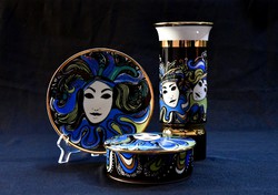 Hollóházi Vészabó Velencei karnevál porcelán szett gazdagon aranyozva - váza - bonbonier és dísztál