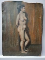 XX.sz. magyar festő Pajor Ferenc: női álló akt olaj karton keret nélkül 1960 körül