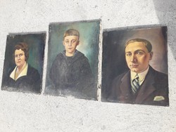 Antik festmény Szőke Győző  (1899 -1974 ) - 3 db antik olaj  vászon festmény portré - egy családról