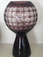 Retro üveg gömbváza lila színben, hántolt pöttyökkel, Harzkristall, Marita Voigt tervezés