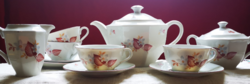 Old Hollóházi porcelain teapot set with floral pattern