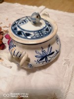 Antik Villeroy&Boch hagymamintás cukortartó, shabby chic, kék-fehér porcelán
