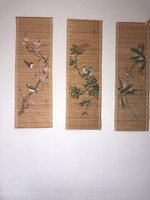 3 db gyékény / bambusz fali dísz madaras festmény kézzel festett kínai