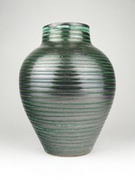 0Z289 Régi zöld fekete kerámia váza 20.5 cm