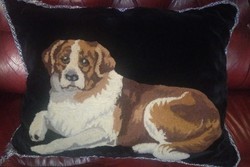 Huge antique art deco black velvet, embroidered Bernese Mountain dog pillow approx. 57Cm x 42cm x 16cm