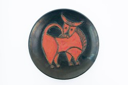Tófej kerámia falitányér - retro bikás piros-fekete falitál - iparművész falidísz tányér