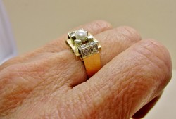 Csodálatos  18kt antik art deco arany gyűrű gyönggyel és 0,24ct gyémánttal