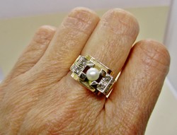 Csodálatos  antik art deco arany gyűrű gyönggyel és gyémánttal
