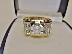 Csodálatos  18kt antik art deco arany gyűrű gyönggyel és 0,24ct gyémánttal