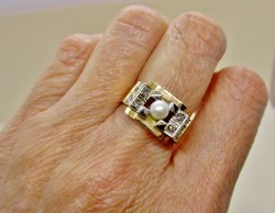 Csodálatos  antik art deco arany gyűrű gyönggyel és 0,24ct gyémánttal