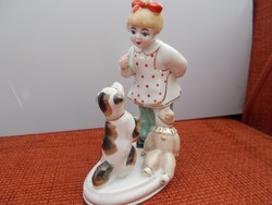Bájos porcelánfigura, kislány kutyával, 50-60as évek,jelzett /Charming porcelain figurine/
