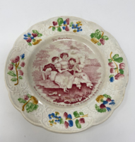 Ritka William Smith & Co.Wedgewood 1825-1855 majolica tányér családi jelenettel, német szöveggel 