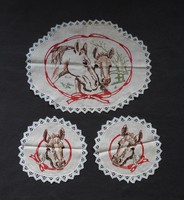 Antique, crocheted edge 3-piece needlework set with horses pattern