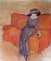 Nimcsevity Anna : Bordó kanapén ülő nő, pasztell
