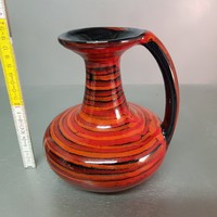 Narancssárga, piros csíkos iparművészeti mázas kerámia váza (1112)