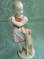 Herendi porcelán kislány figura kutyával