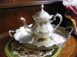 Rendkívül különleges, ritka, egyedi, kb. 100 éves, antik, ezüstözött, teás kanna, gyönyörű tálcával