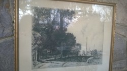 Etching sign on the edge of Varga road, with gilded frame 42x52 cm
