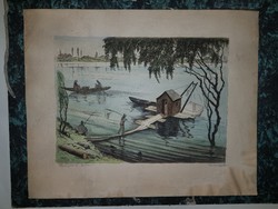 Conrád Gyula: Halászok a Dunán, színezett rézkarc, 40x50-es kartonba nyomva
