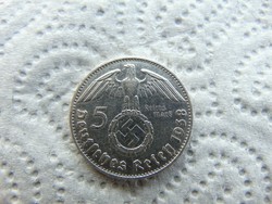 Németország III. Birodalom ezüst 5 márka 1938 D 