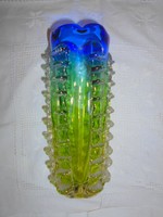 Muránói színátmenetes kékből uránzöld súlyos-vastag üveg  váza -Látványos, szép darab 25 cm 