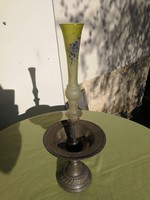 Szecessziós mesterjeles ón kínáló tál asztalközép üveg vázával 