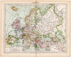 Európa térkép 1892, eredeti, Athenaeum, Brockhaus, XIX. század, 24 x 31 cm, politikai, országok