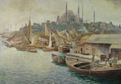 Török festő XIX. század : Istambul kikötői jelenet