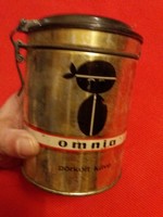 Antik OMNIA  kávés bakelittetős csatos záró rendszerű fém lemez kávés doboz a képek szerint 