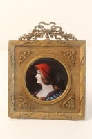 Klasszicista tűzzománc kép,Limoges-i tűzzománc kép, női portré festmény